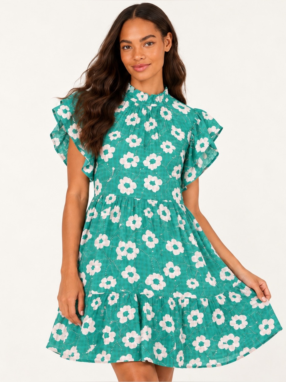 THML Green Floral Print Flutter Sleeve Tiered Dress Size M